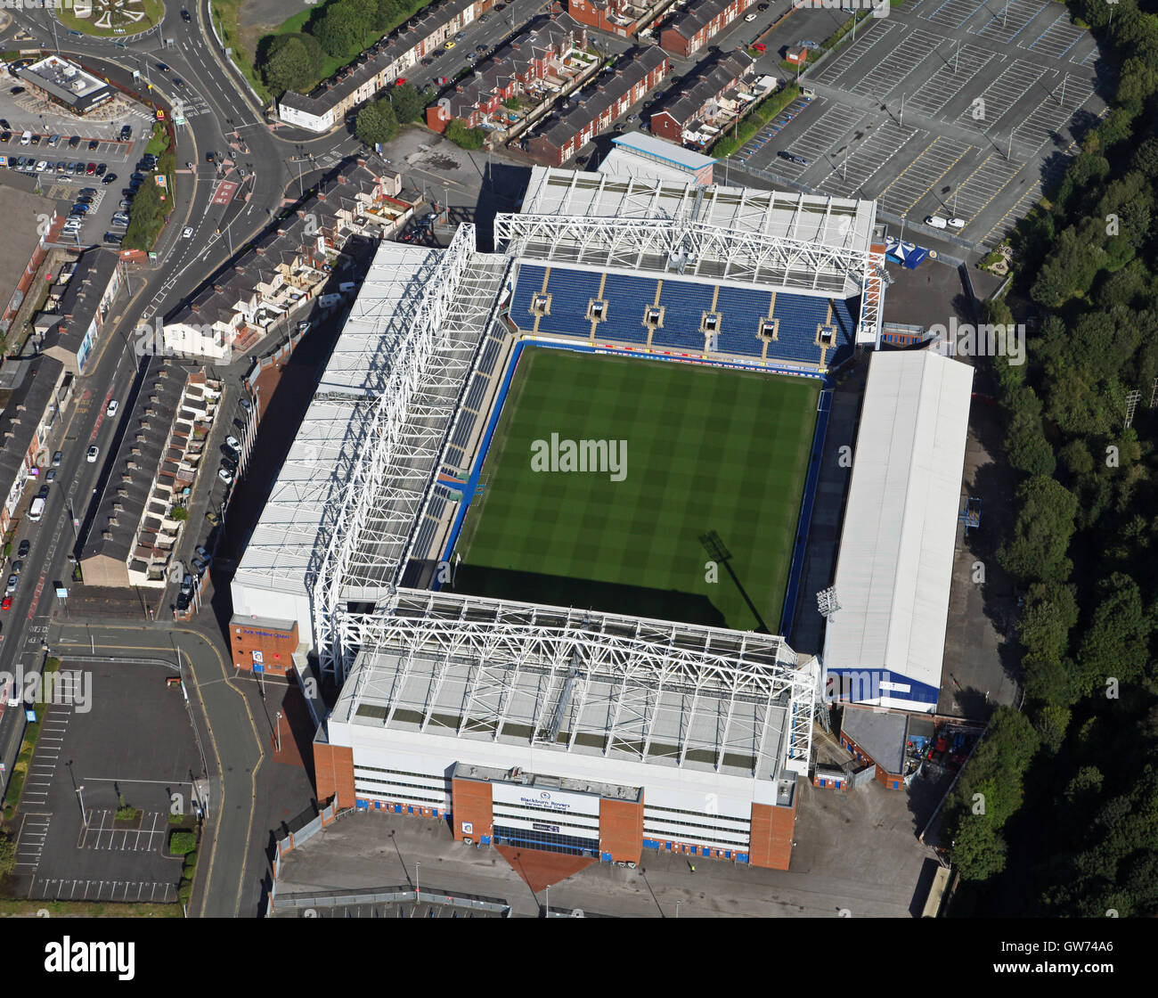 Vue aérienne du terrain de football de Blackburn Rovers Ewood Park Stadium, UK Banque D'Images