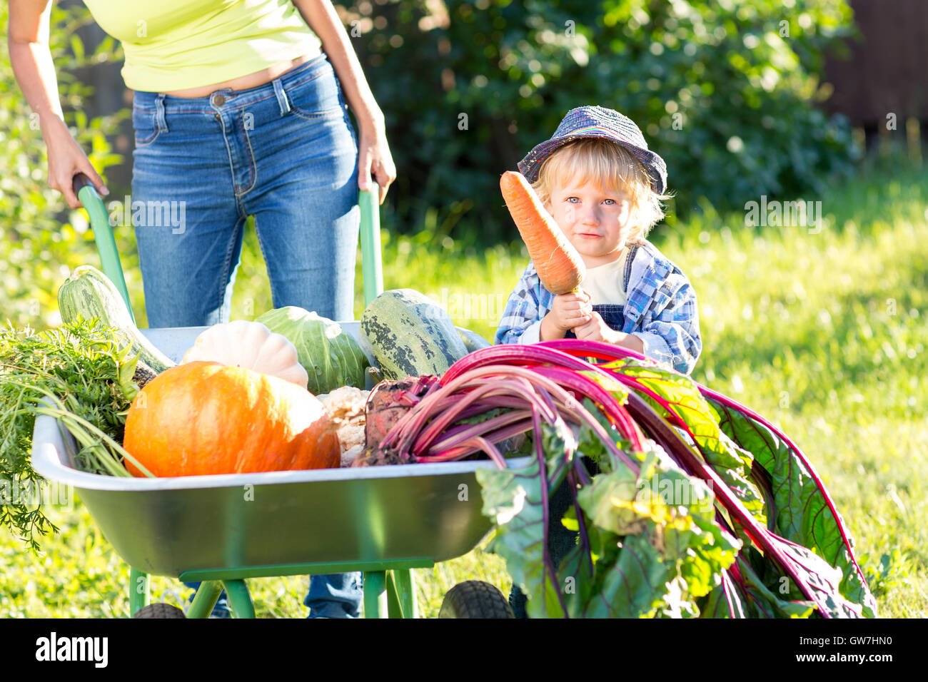 Kid garçon et sa mère dans le jardin intérieur. Adorable enfant debout près de la brouette avec la récolte. Les légumes biologiques sains pour les enfants. Banque D'Images