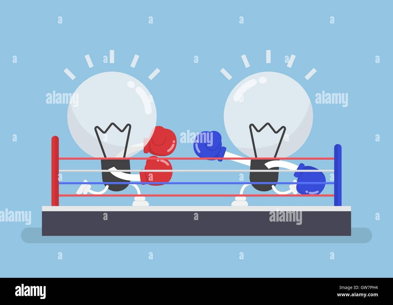 Ampoule deux boxing combats en ring de boxe, concept de la concurrence des idées. Illustration de Vecteur
