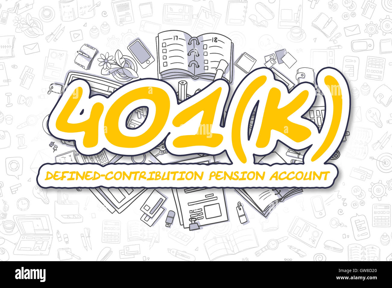 Doodle - 401k du texte jaune. Concept d'entreprise. Banque D'Images