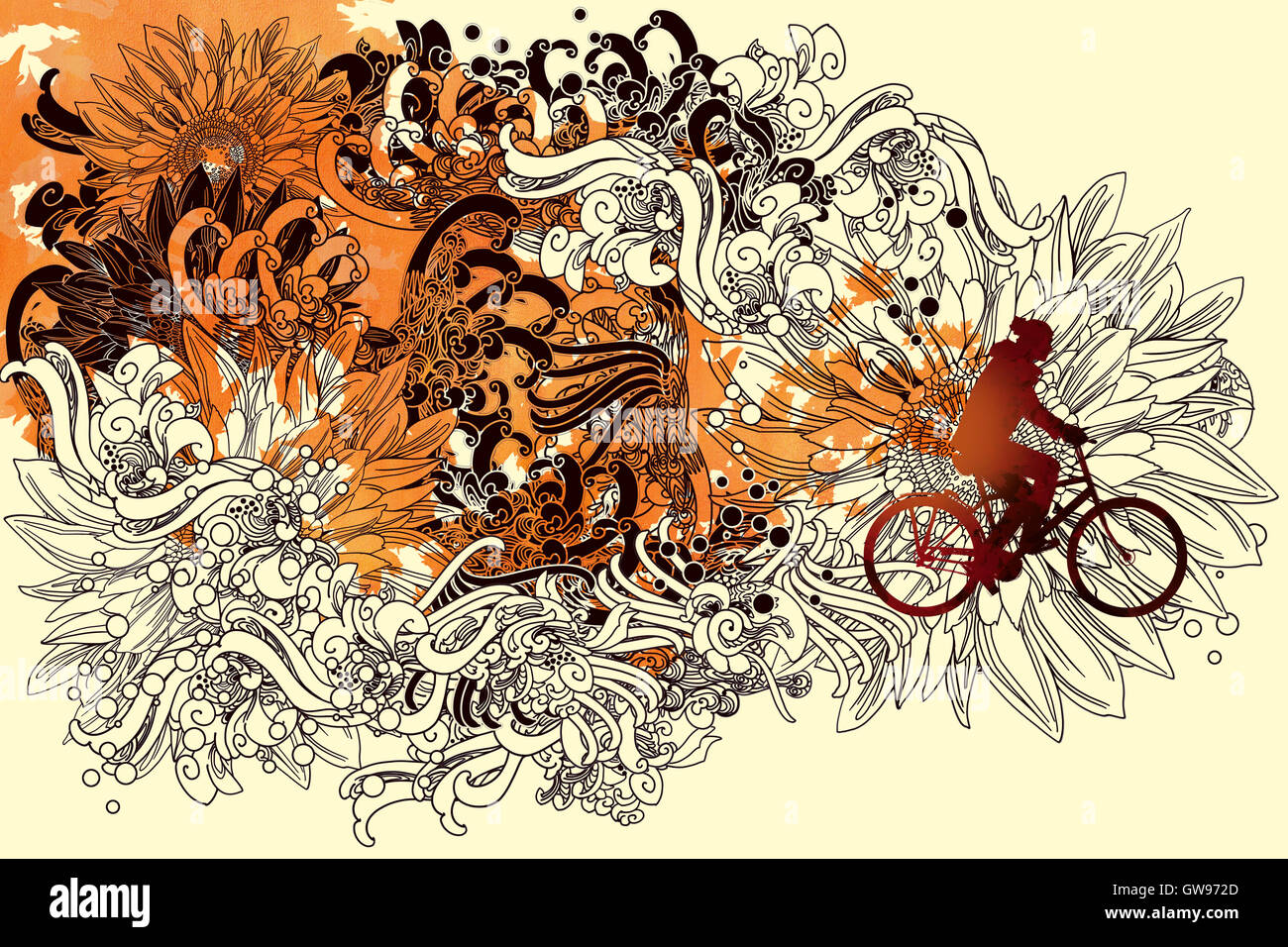 Abstraite automne floral art concept avec la ligne et l'homme de conduire une bicyclette,illustration peinture Banque D'Images