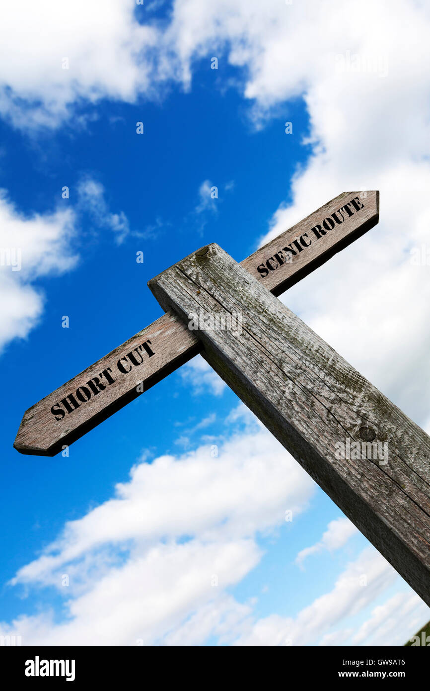 Coupe courte route touristique signe mots sens directions choix choisissez options Option vie antonyme antonymes written Banque D'Images