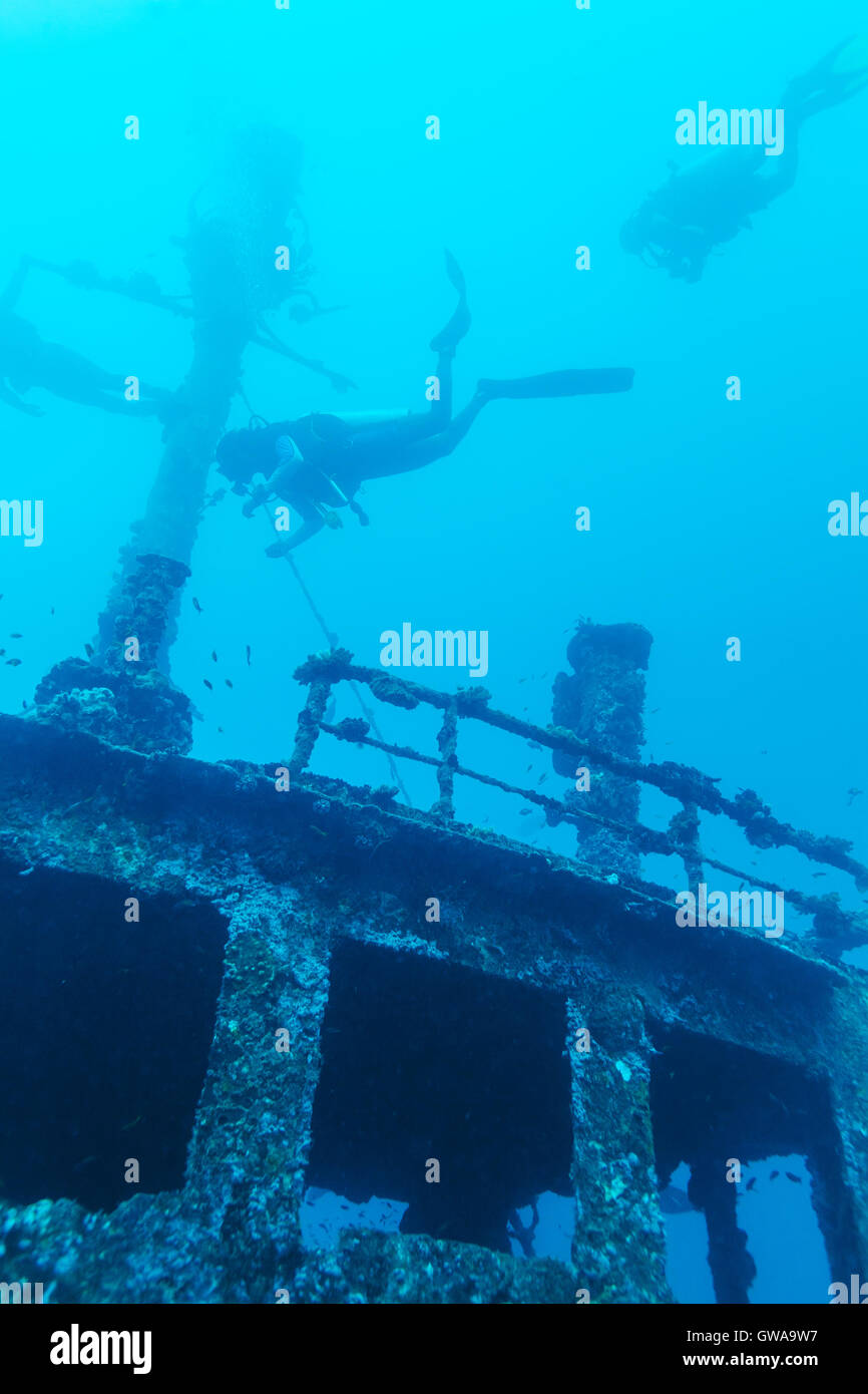 D'autres cargos sur fond de l'océan et les plongeurs, Maldives Banque D'Images