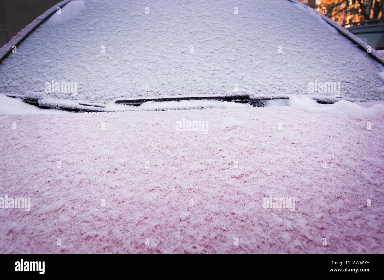 La neige et la glace couvre voiture rouge et fenêtre à l'extérieur en décembre libre. Banque D'Images