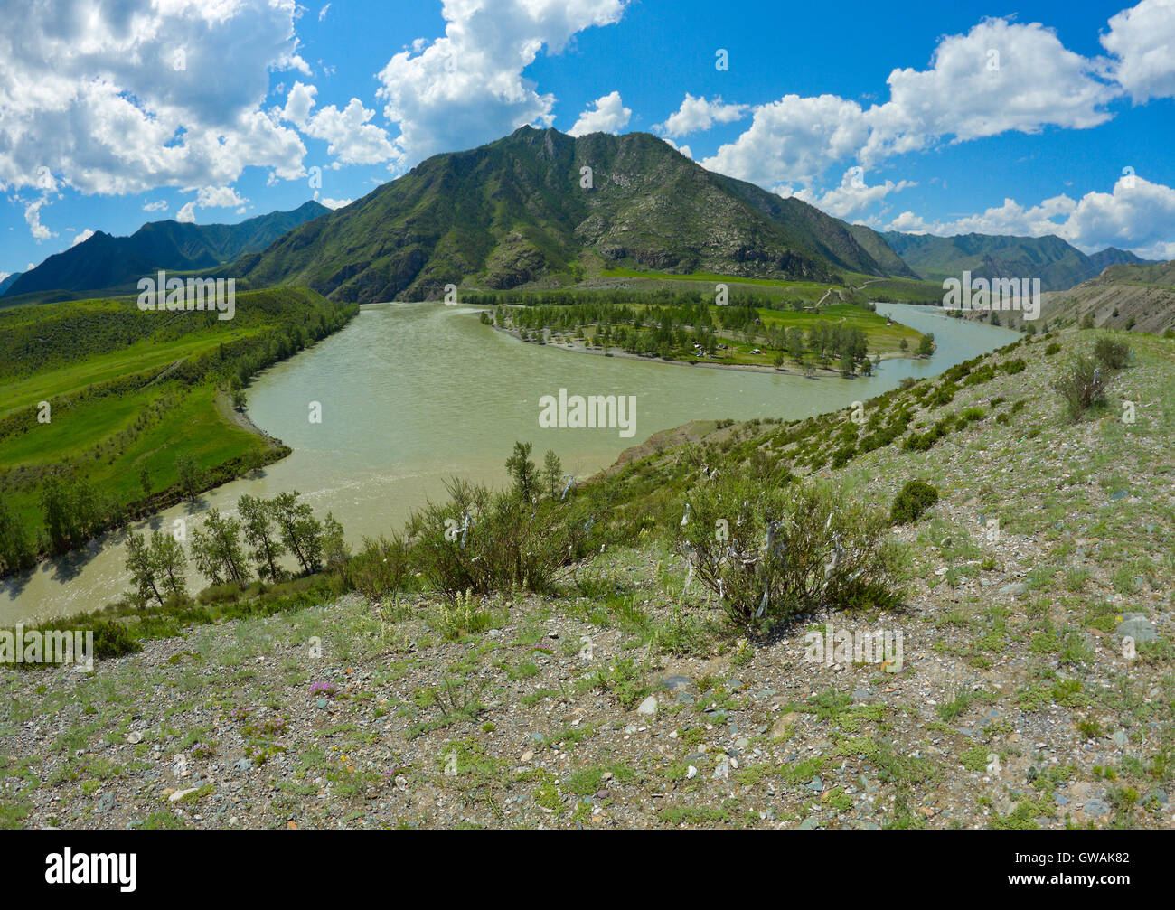 Paysage dans la zone de montagne dans la région de l'Altaï (Russie) avec une steppe, montagnes, rochers, rivière Katun, petit village Banque D'Images