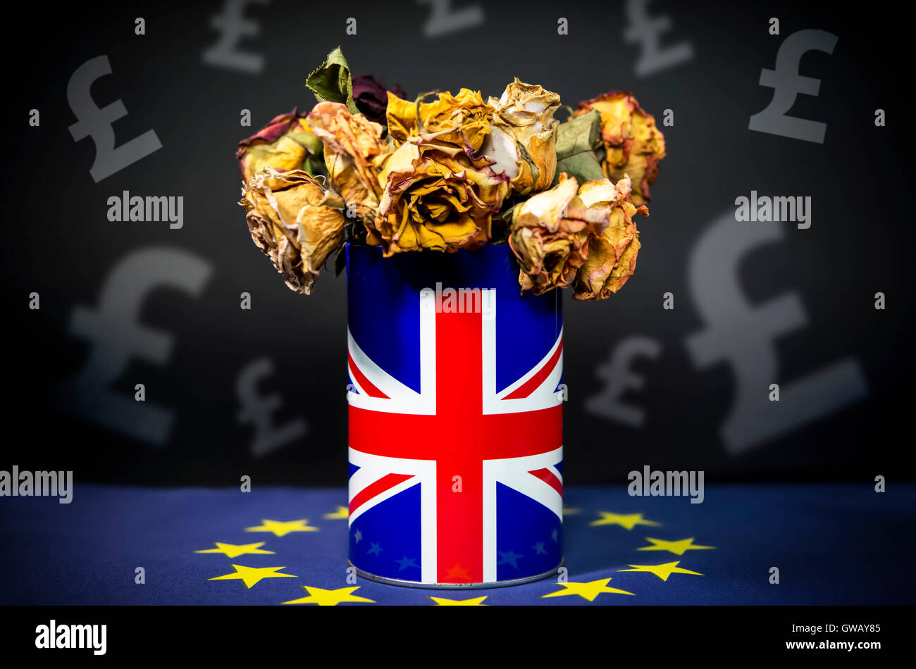 Les fleurs fanées dans un vase avec le drapeau de Grande-Bretagne, photo symbolique Brexit, Verwelkte Blumen in einer Vase mit Fahne von Grossbr Banque D'Images