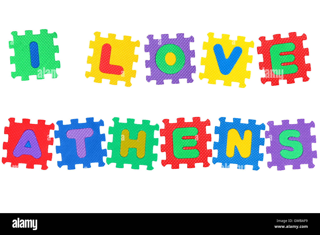 Message J'aime Athènes, de lettres, puzzle isolé sur fond blanc. Banque D'Images