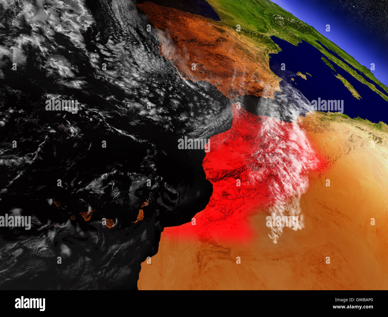 Le Maroc a souligné en rouge comme vu de l'orbite de la Terre dans l'espace. Illustration 3D très détaillées avec surface de la planète. Éléments de Banque D'Images