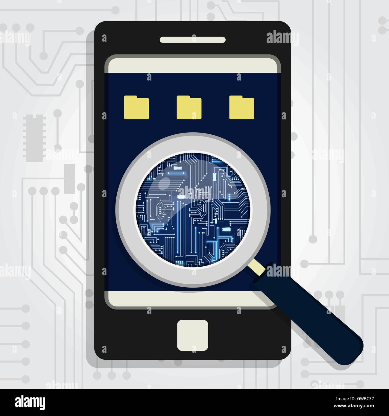 Loupe agrandissant le circuit électronique sur le téléphone surveiller montrant le système d'exploitation. Illustration de Vecteur