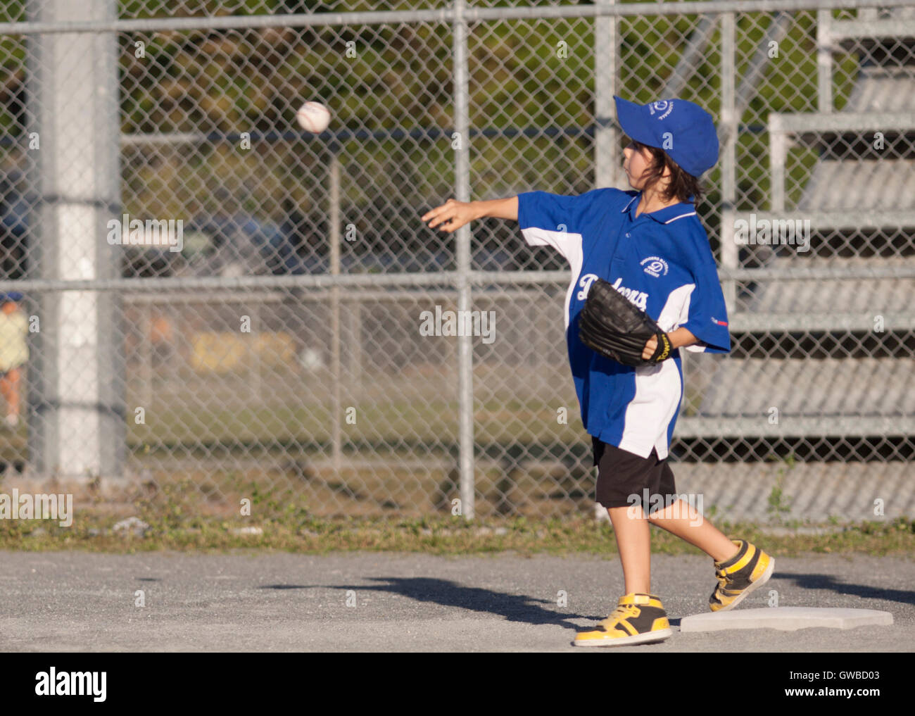 Un jeune garçon jette une balle au cours de l'entraînement de base-ball à Cairns, Australie Banque D'Images