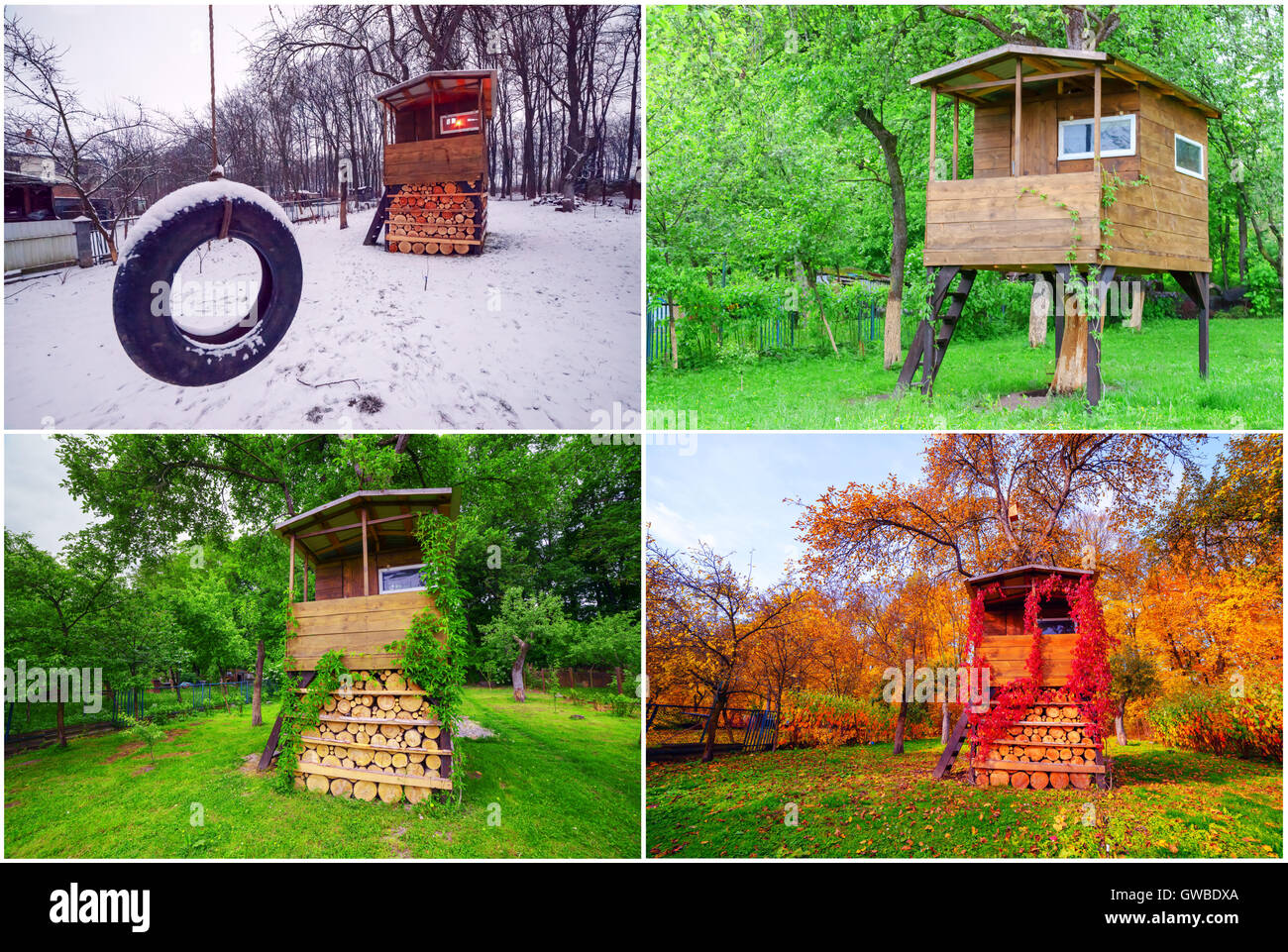 Saison 4 maison sur arbre dans jardin Banque D'Images