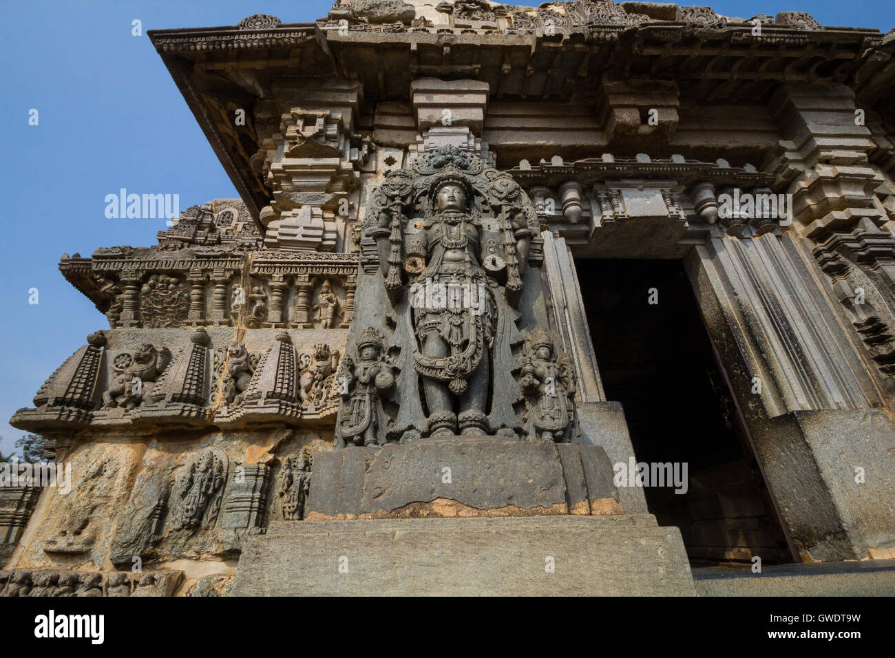 Culte wall relief suit un plan stellaire dans le temple de Chennakesava Somanathapura,Mysore,Karnataka, Inde, Asie Banque D'Images