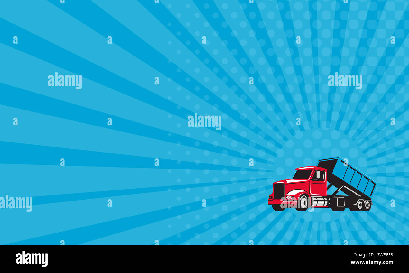 Carte montrant l'illustration d'un roll-off chariot avec bac de conteneurs à l'arrière vu de côté situé sur fond blanc isolé fait en style rétro. Banque D'Images