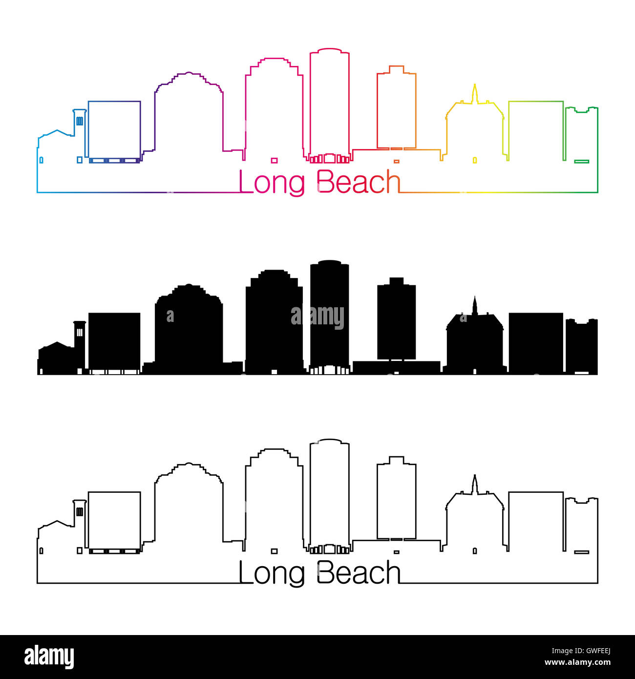 Long Beach skyline style linéaire avec rainbow en fichier vectoriel éditable Banque D'Images