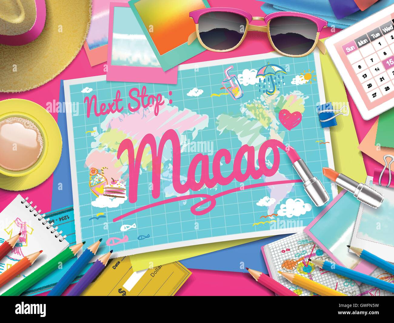Macao la carte, vue de dessus de table essentials sur voyage coloré Illustration de Vecteur