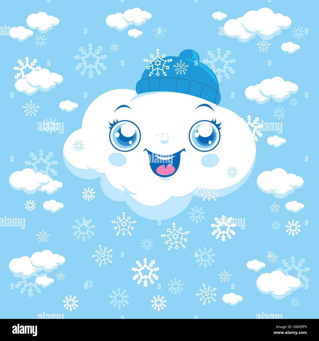 Fond de saison d'hiver avec neige de nuage mignon. Ciel par temps froid avec flocons de neige et caractère de nuage gelé. Illustration vectorielle Illustration de Vecteur