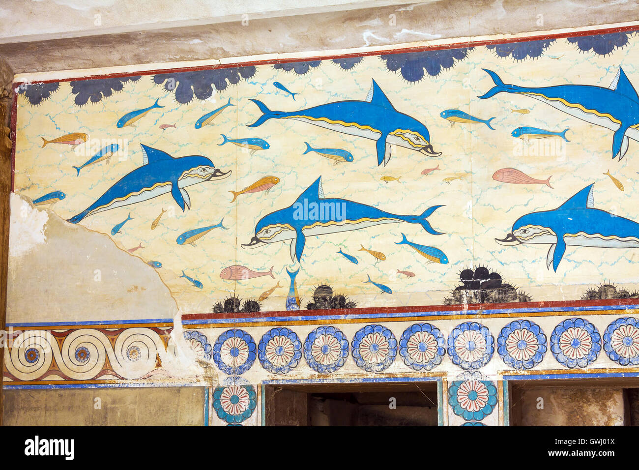 Dauphins Minoens Petite VRAIE Fresque Décoration Murale Palais de Knossos Crète 1500 av. - Greek Artworks