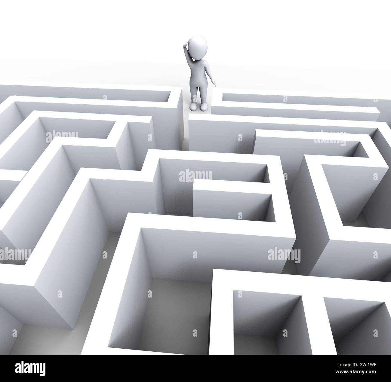 Labyrinthe 3d à l'homme montre le défi ou confus Banque D'Images