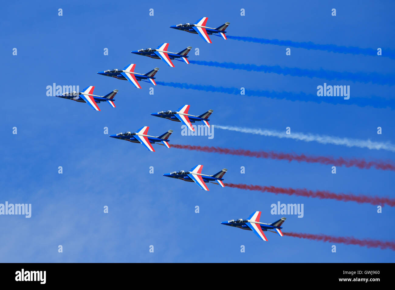De l'air française, les Alpha jets de la Patrouille de France à Zeltweg Airpower en Autriche, Banque D'Images