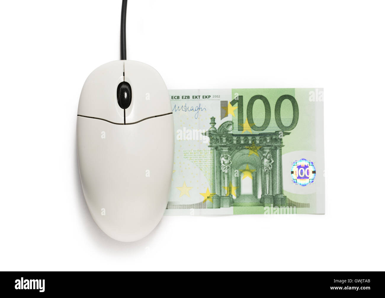 Souris d'ordinateur et une centaine d'euros on white Banque D'Images