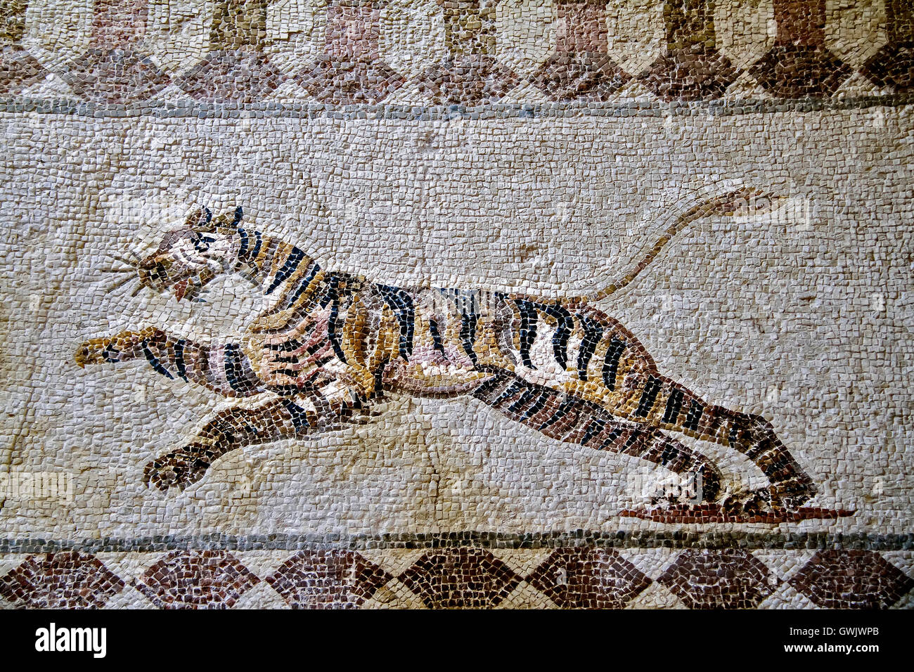 Mosaïque de Paphos Chypre Jumping Tiger Banque D'Images