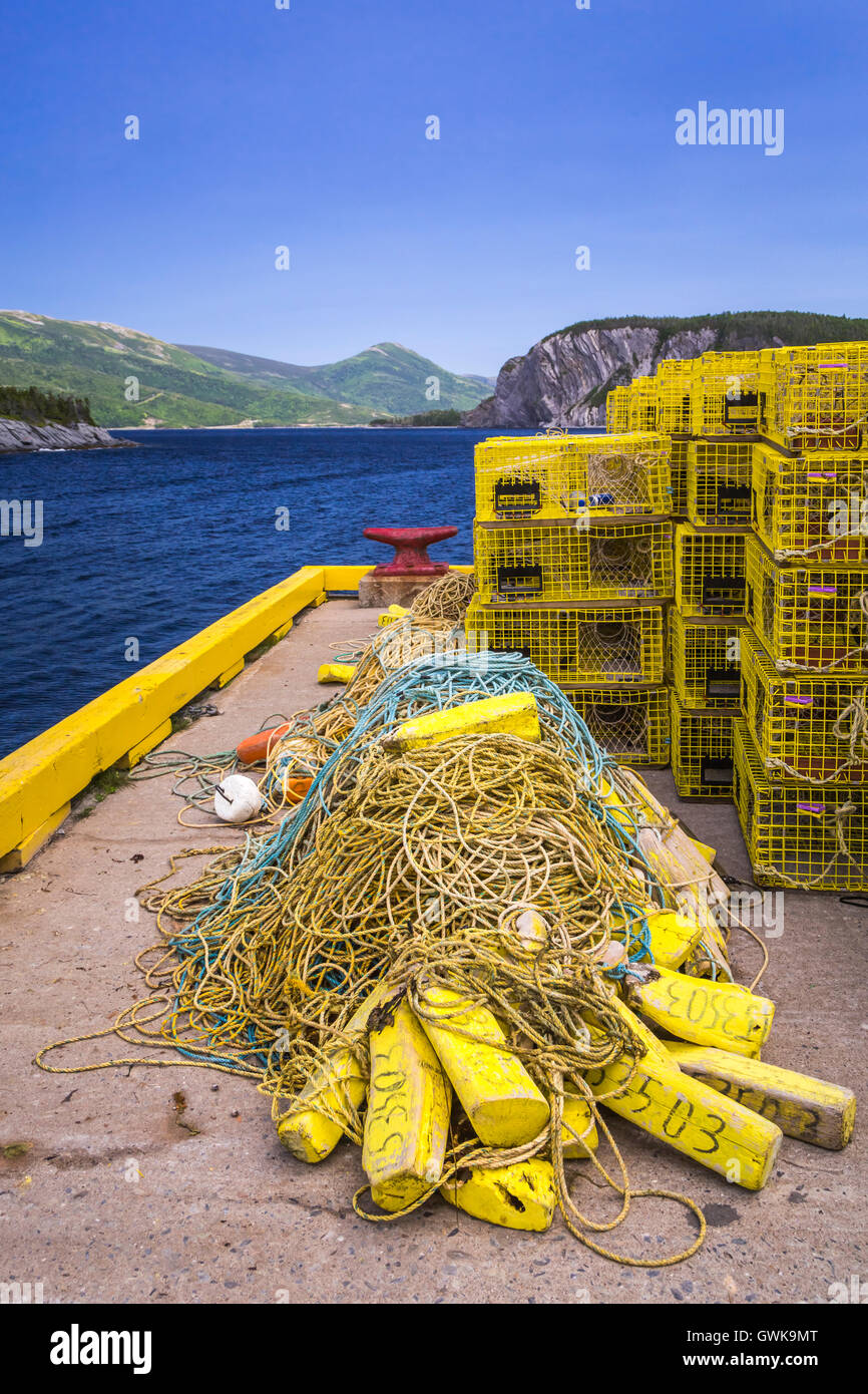 Les casiers à homards et des engins de pêche sur le quai à Norris Point, Terre-Neuve et Labrador, Canada. Banque D'Images