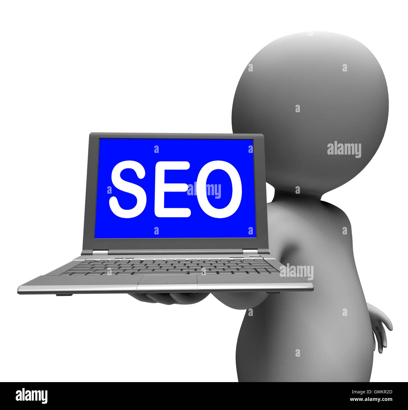 Ordinateur portable présente un caractère de Seo Search Engine Optimisation de Sites Web Banque D'Images