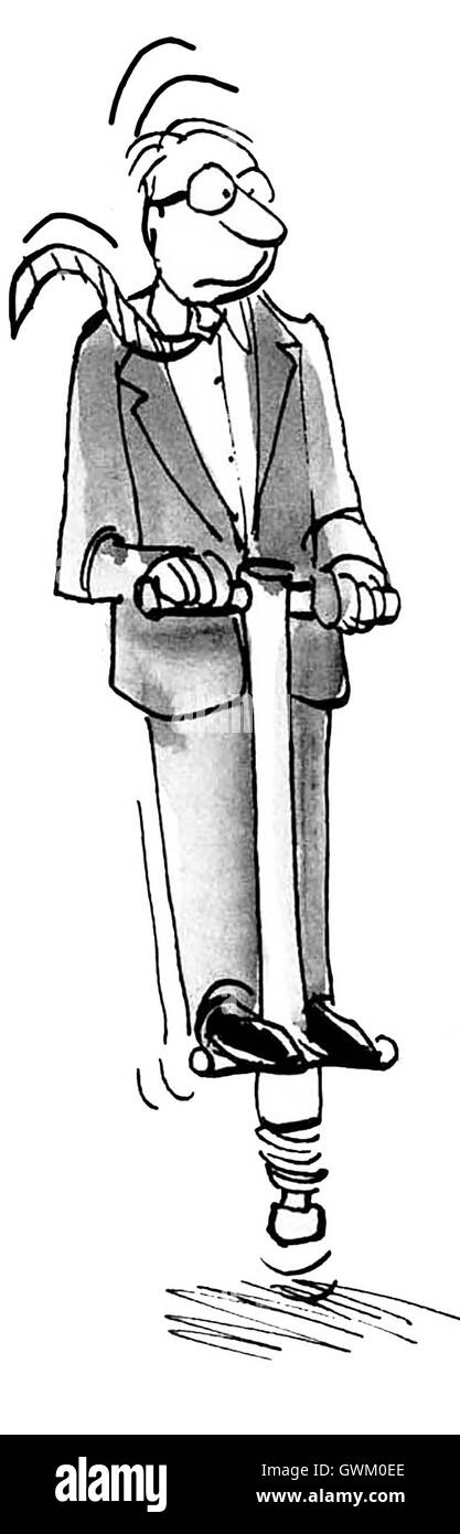 B&W business illustration d'un homme sautant sur un Pogo Stick. Banque D'Images