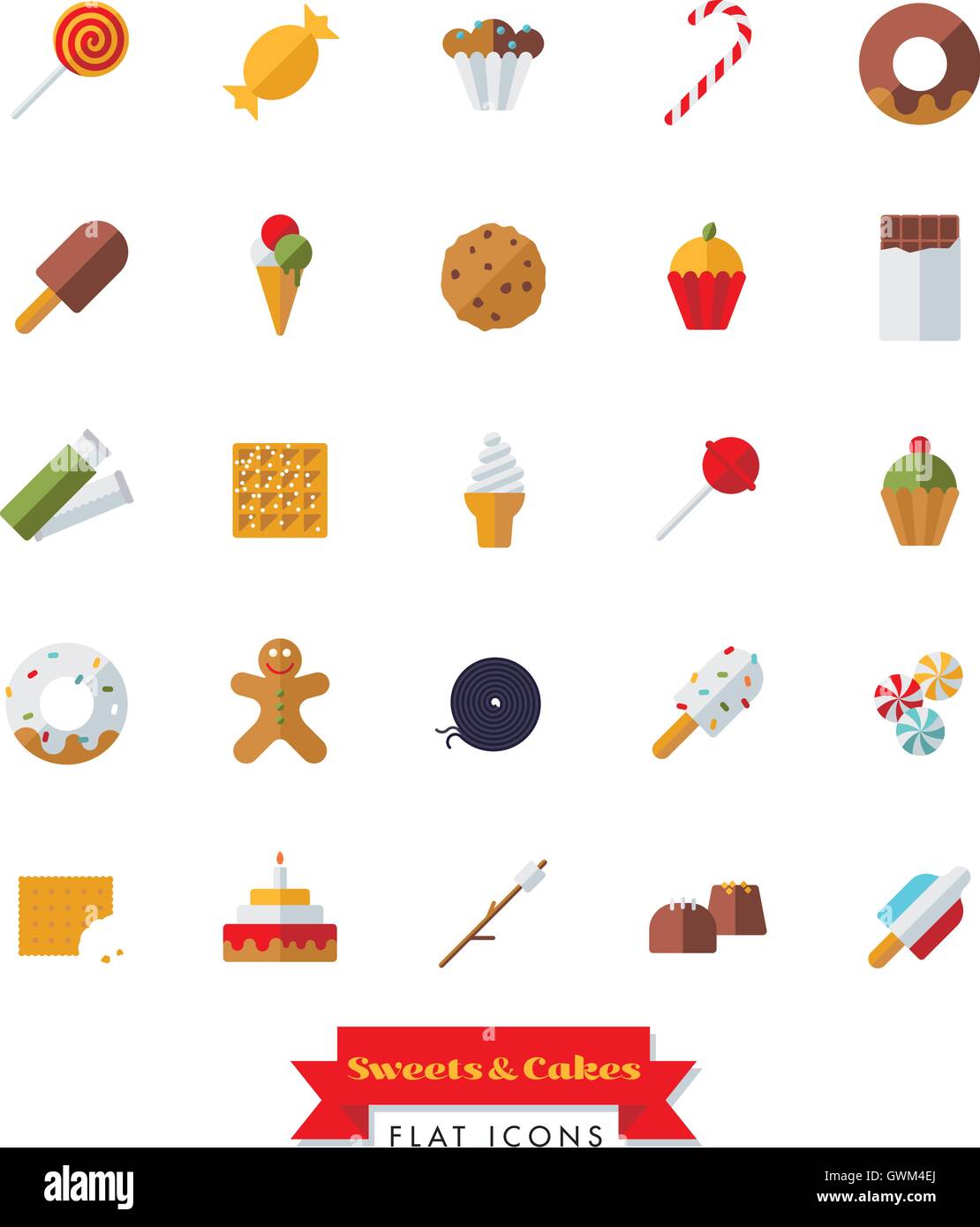 Collecte de bonbons, bonbons, biscuits et gâteaux modèle plat icônes isolé Illustration de Vecteur