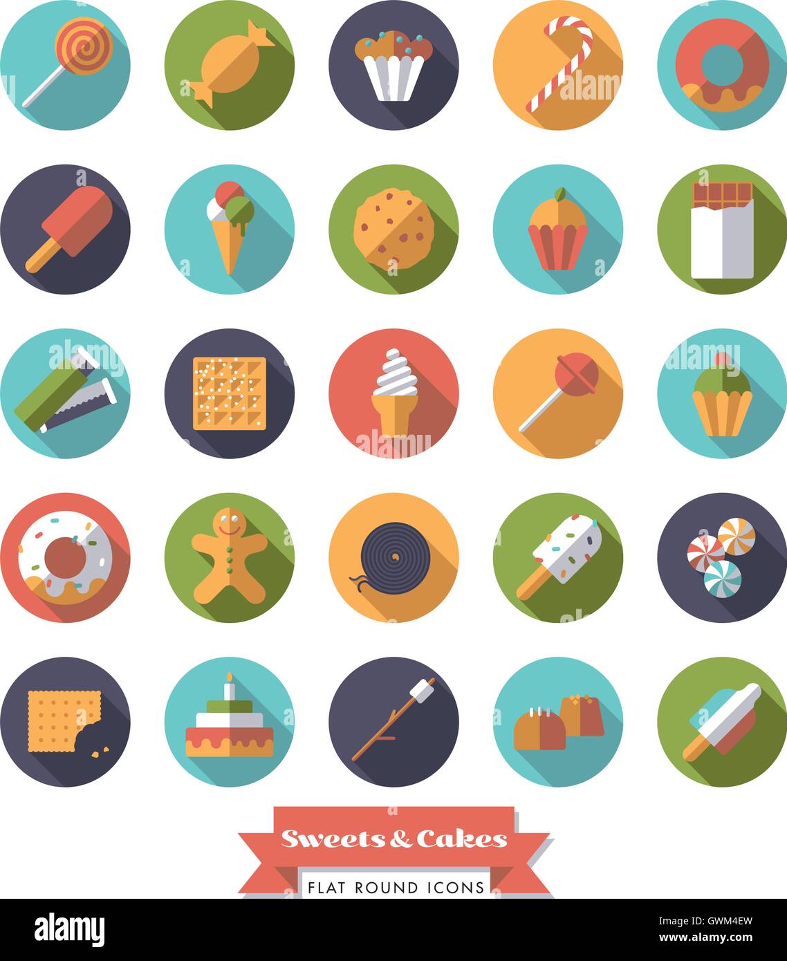Collecte de bonbons, bonbons, biscuits et gâteaux modèle plat long shadow icônes rondes Illustration de Vecteur