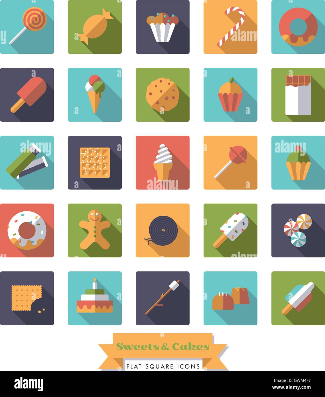 Collecte de bonbons, bonbons, biscuits et gâteaux modèle plat long shadow icônes carrées Illustration de Vecteur