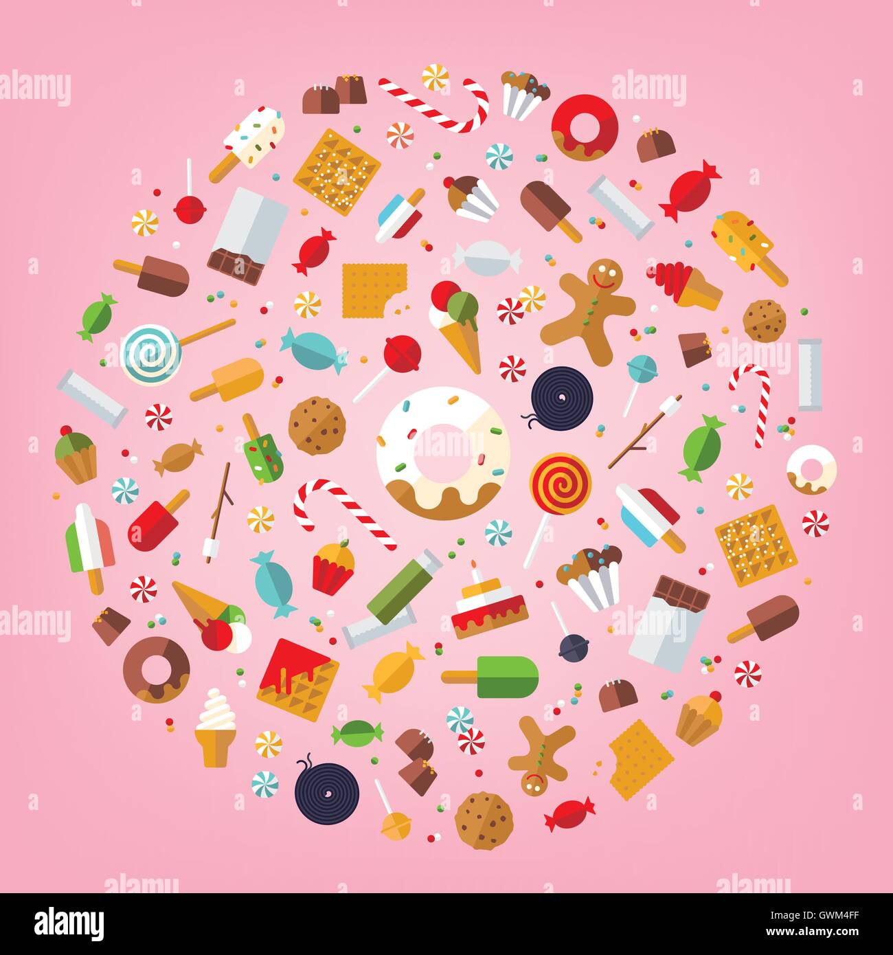 Plusieurs Bonbons, bonbons, biscuits et gâteaux icônes disposées en cercle sur fond rose, modèle plat Illustration de Vecteur