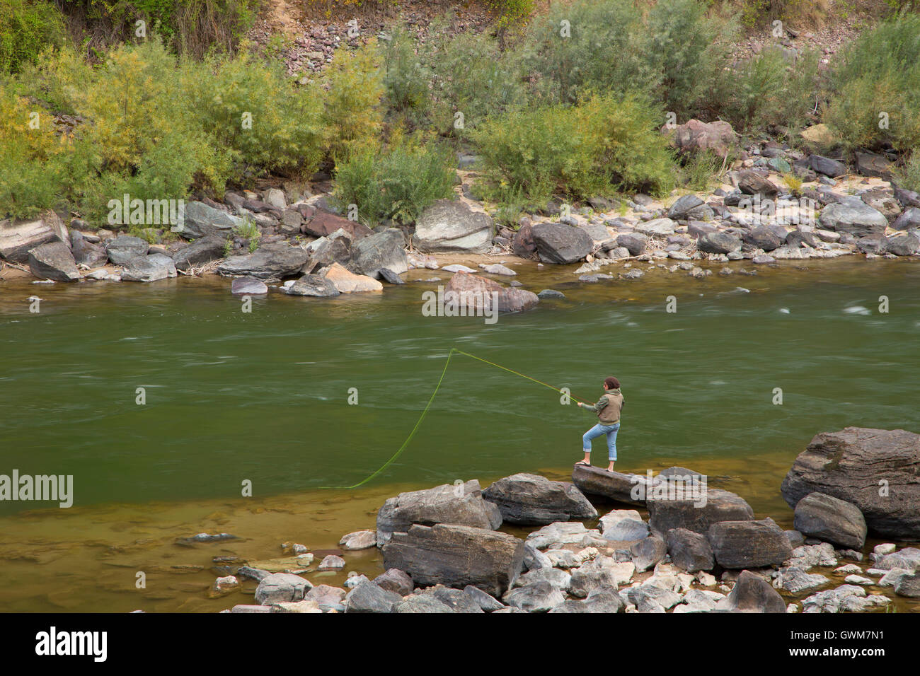 La pêche à la mouche la rivière Clark Fork, Pont d'accès de pêche Cyr Site, Montana Banque D'Images