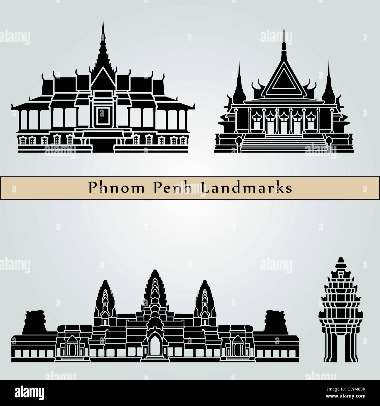 Les monuments de Phnom Penh isolé sur fond bleu dans le fichier vectoriel éditable Banque D'Images