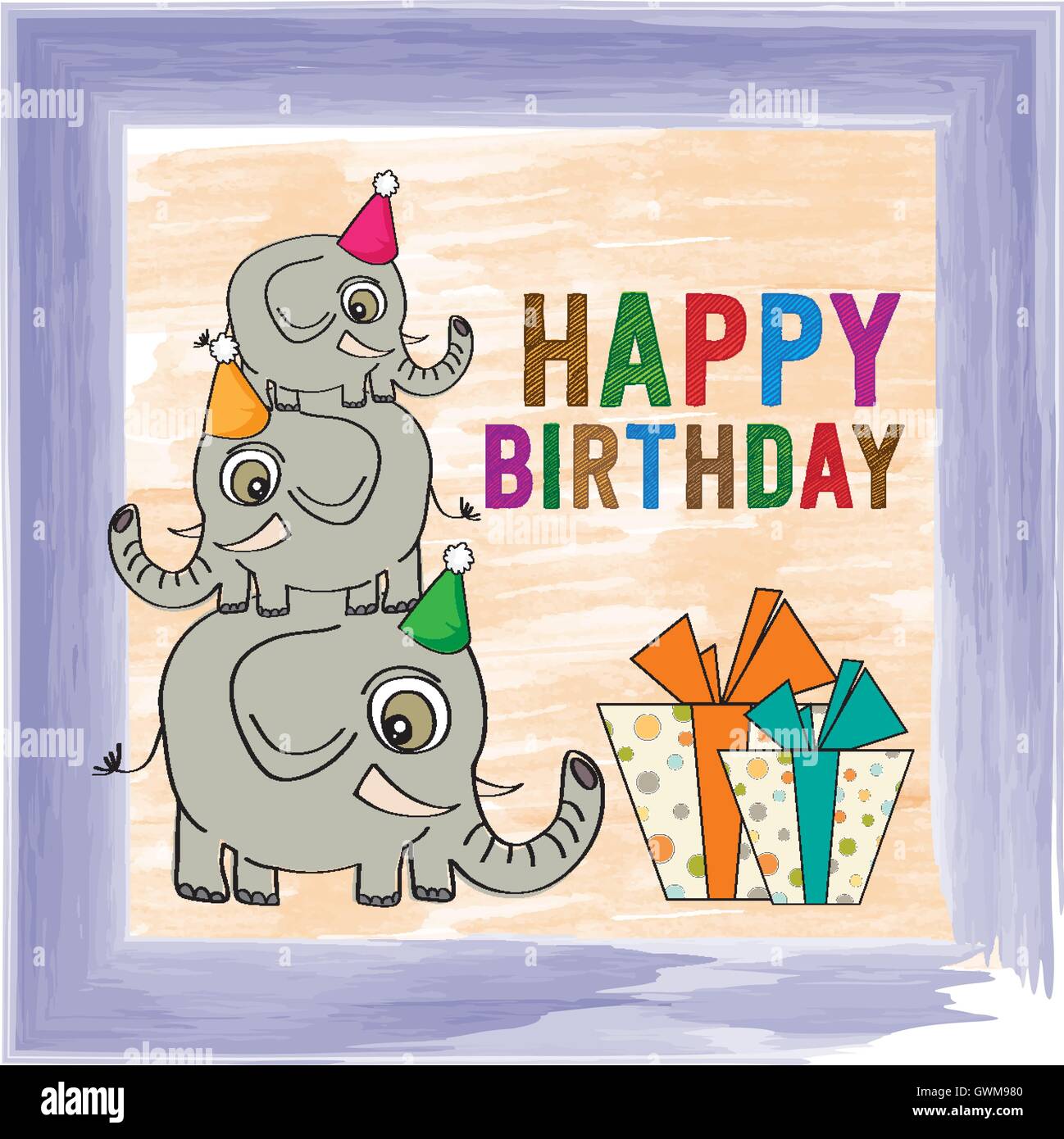 Carte d'anniversaire enfantine avec drôle les éléphants Illustration de Vecteur