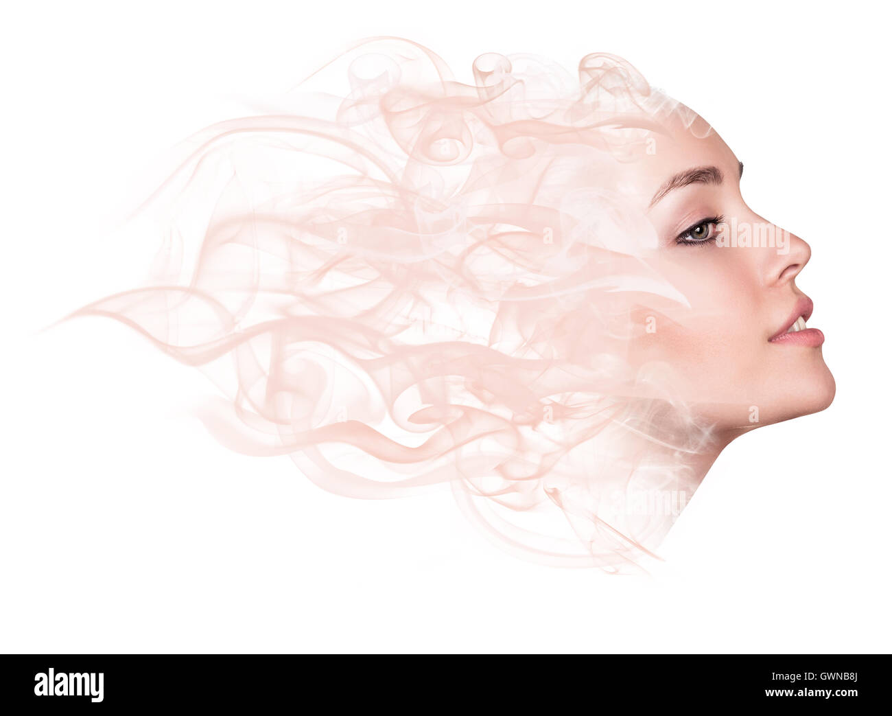 Double exposition portrait de femme et de fumée. Banque D'Images