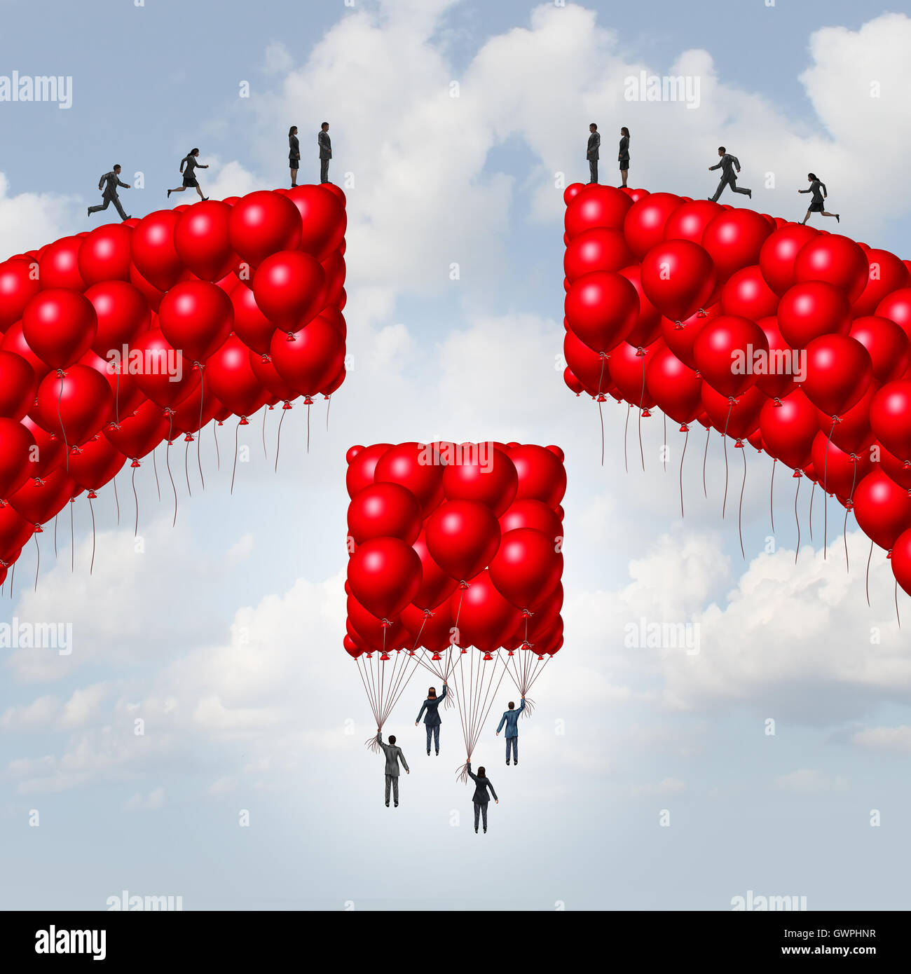 L'équipe de gestion business concept comme un groupe de ballons en forme de pont cassé avec des dirigeants qui s'élève avec un ballon collection combler le fossé comme une métaphore de la solution d'équipe et de l'unité mondiale symbole avec 3D illustration éléments. Banque D'Images