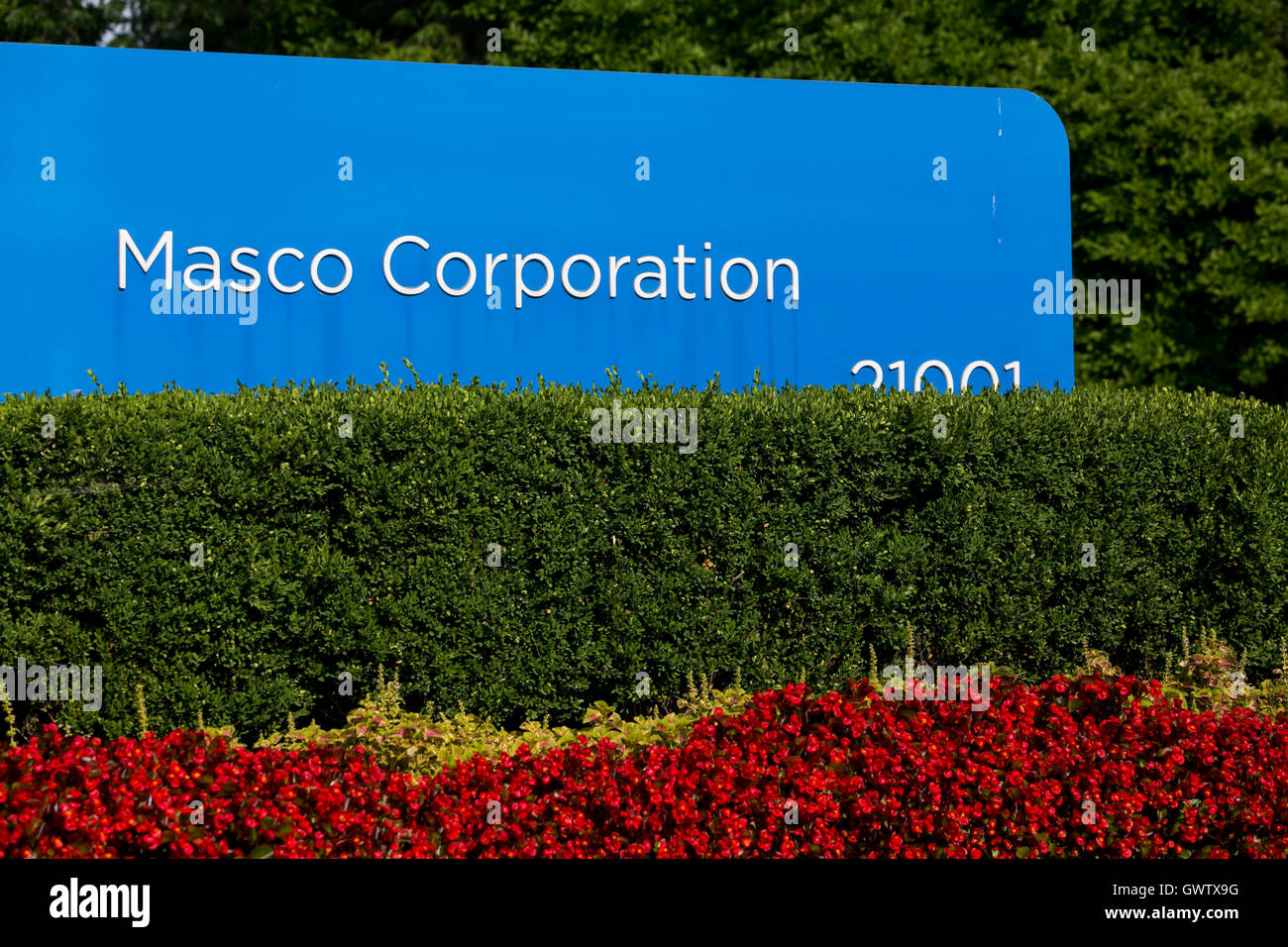 Un logo affiche à l'extérieur du siège de la société Masco dans Taylor, Michigan le 17 juillet 2016. Banque D'Images