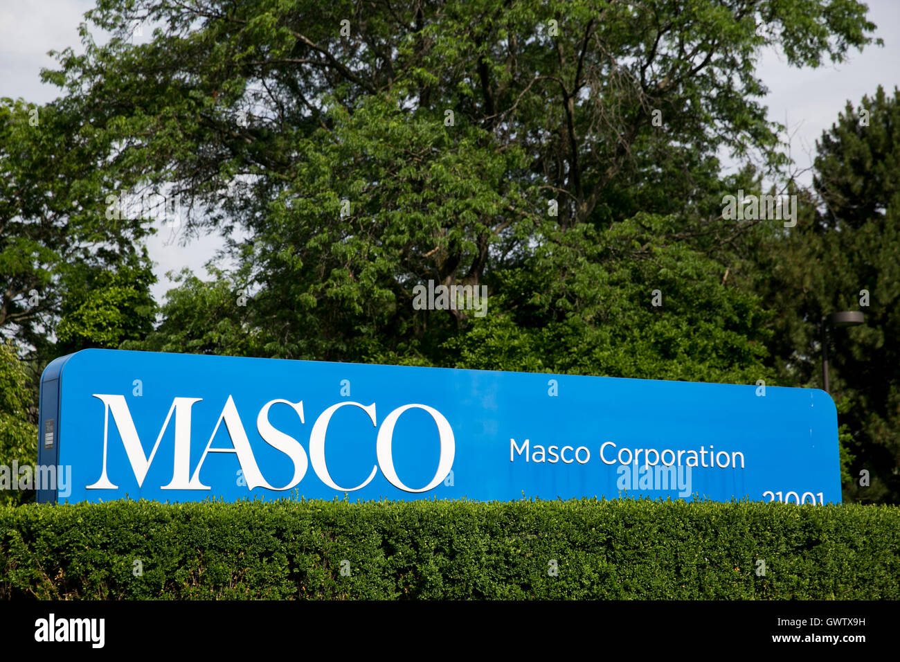Un logo affiche à l'extérieur du siège de la société Masco dans Taylor, Michigan le 17 juillet 2016. Banque D'Images