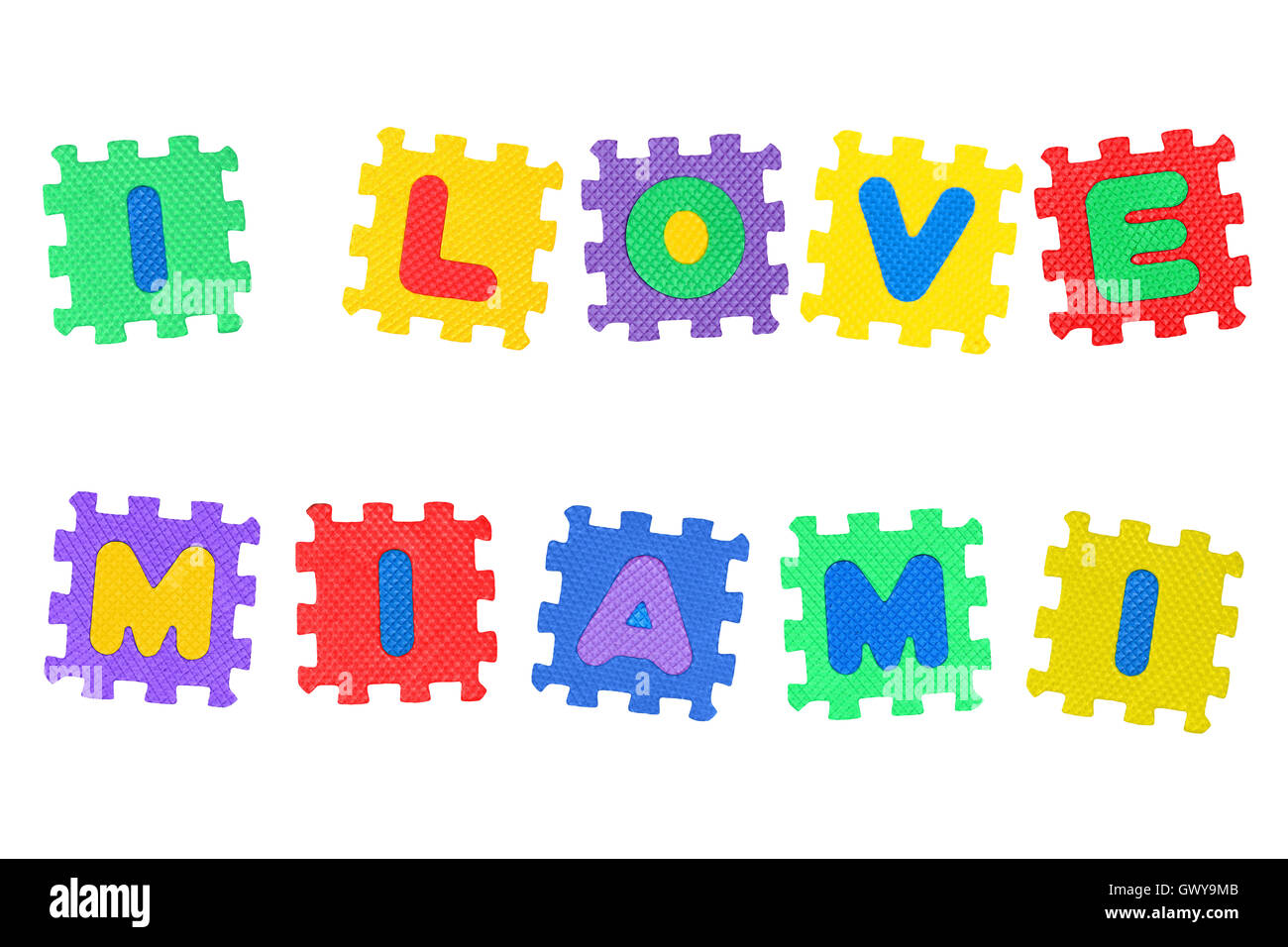 Message J'aime Miami, de lettres, puzzle isolé sur fond blanc. Banque D'Images