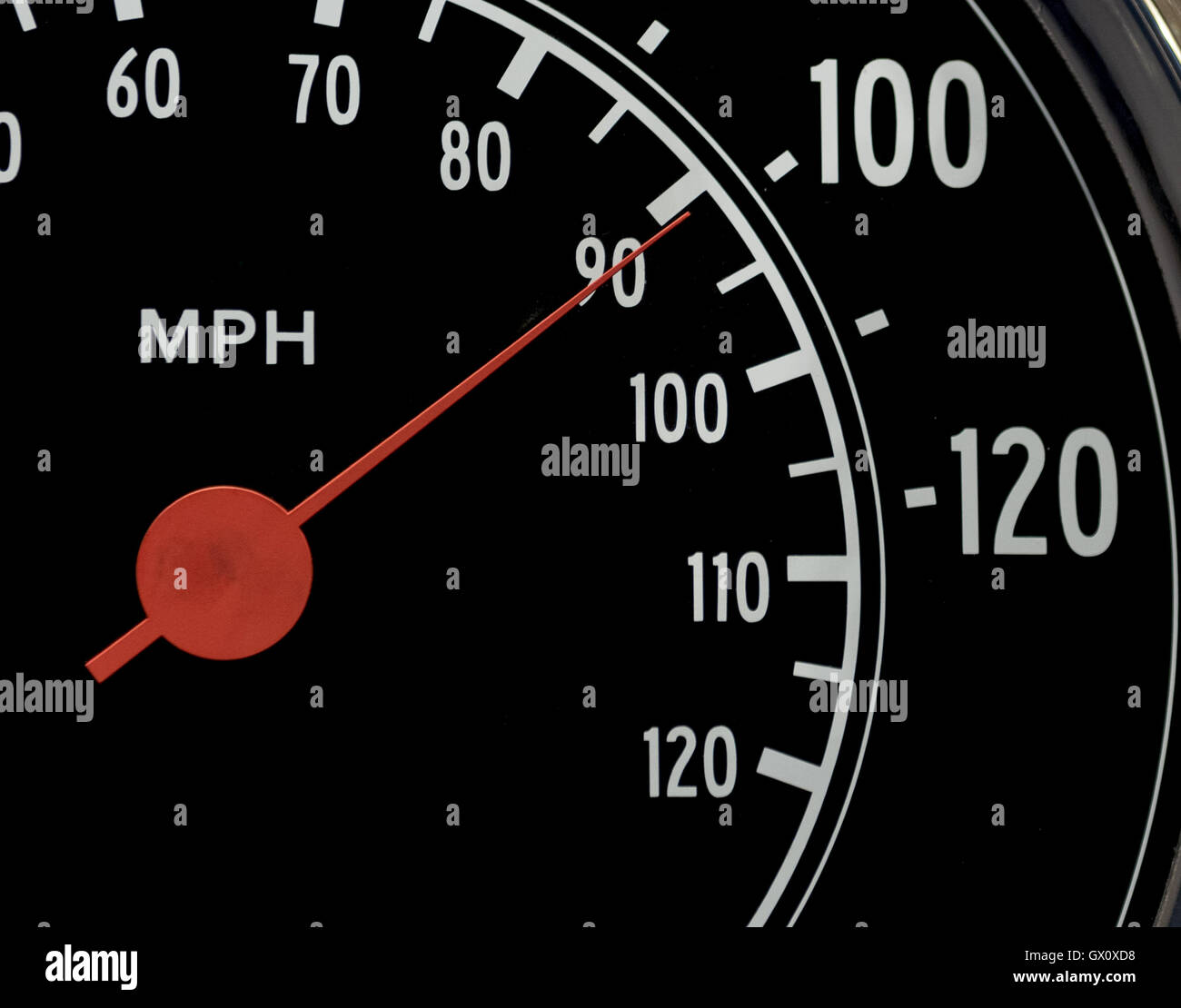 Gros plan macro de compteur avec jauge rouge à 100 MPH Banque D'Images