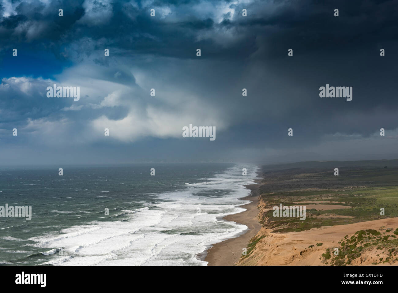 Vue sur la côte ouest des USA, comme vu du Point Reyes Lighthouse, regardant vers le nord le long de la plage de Point Reyes. Banque D'Images