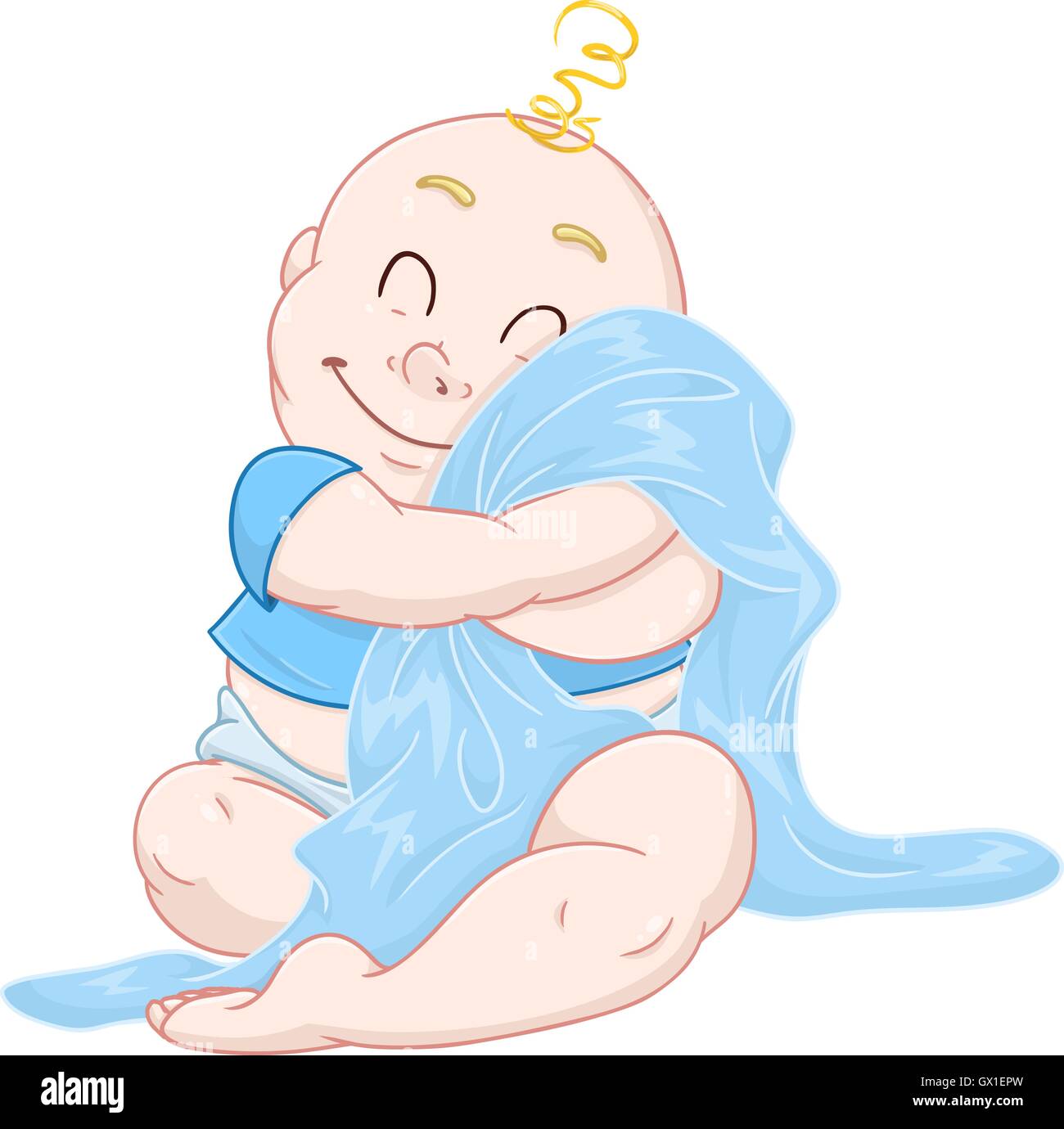 Vector illustration of a cute baby boy hugging une couverture bleue. Illustration de Vecteur