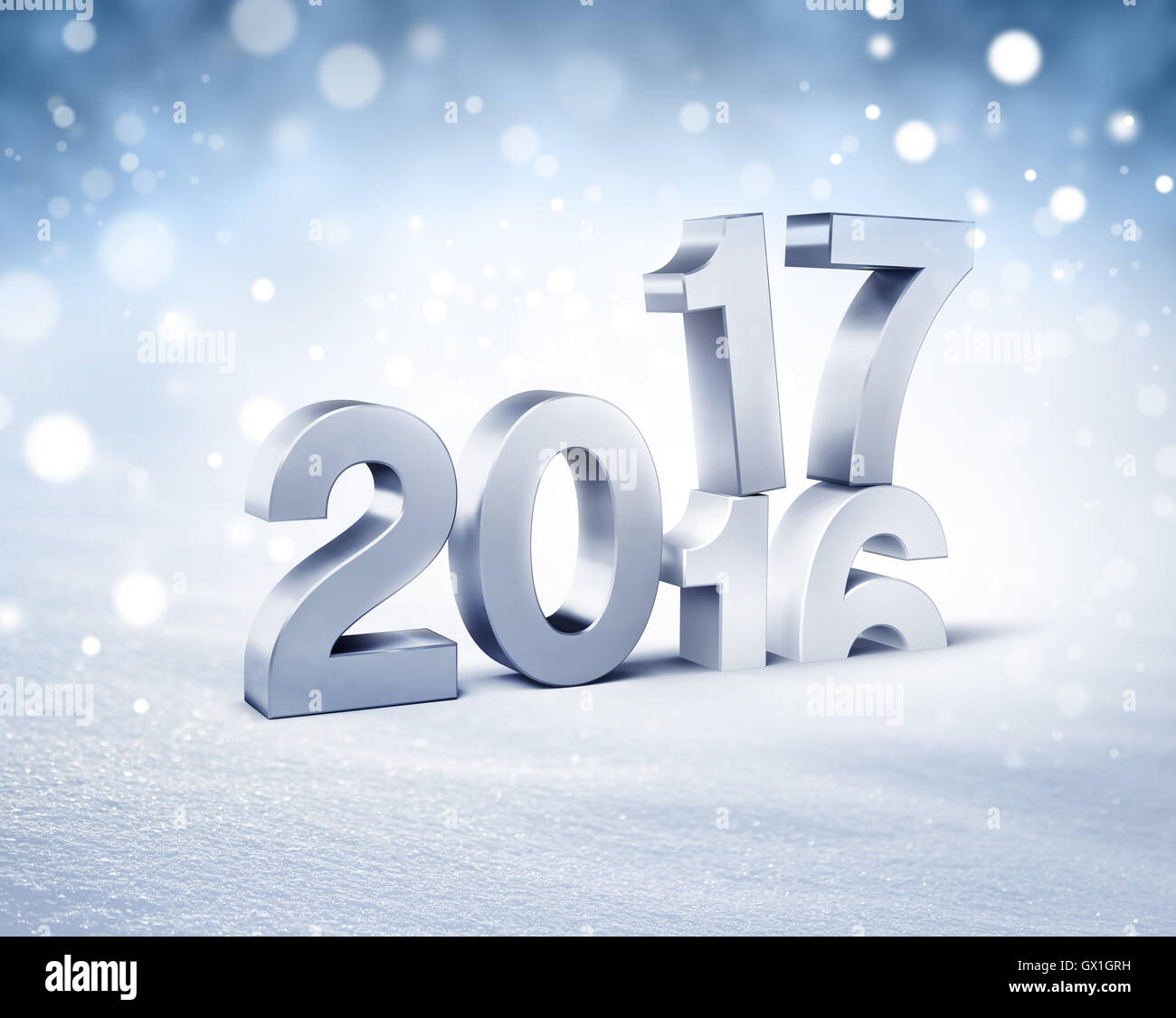 Nouvelle année 2017 plus de 2016 type d'argent sur un fond de neige en hiver - 3D illustration Banque D'Images