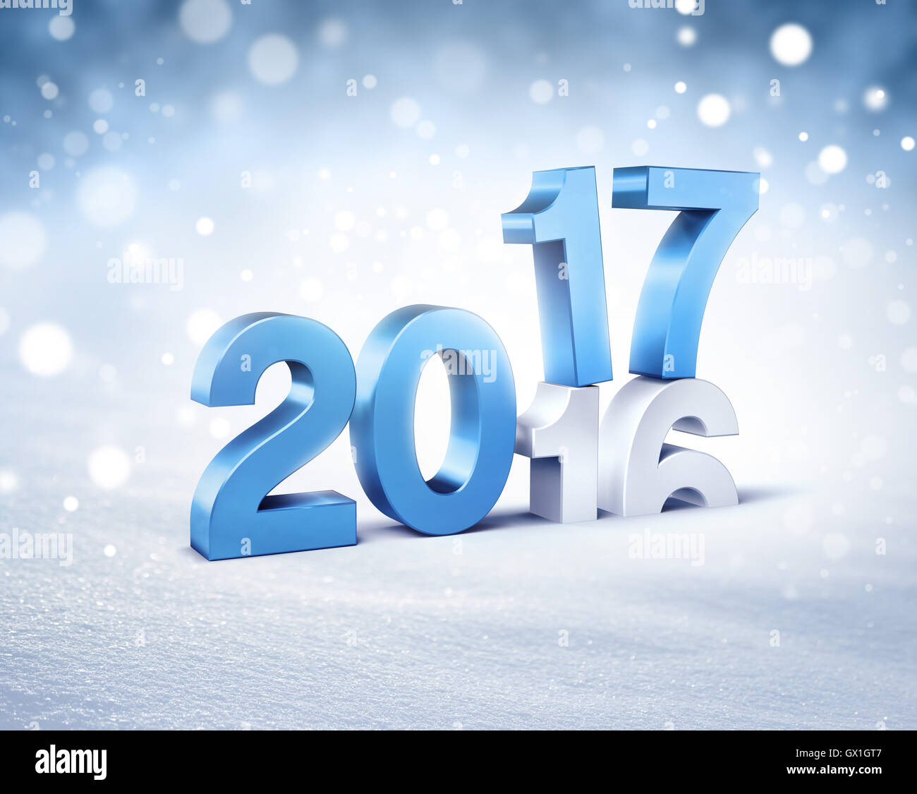 Nouvelle année 2017 plus de 2016 type bleu sur un fond de neige en hiver - 3D illustration Banque D'Images