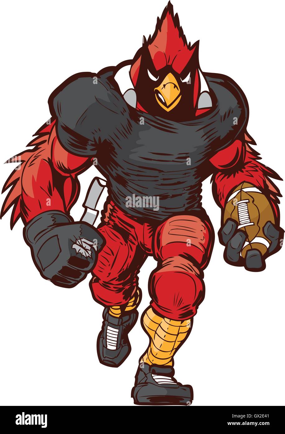 Vector cartoon clip art illustration Vue de face d'un joueur de football cardinal mascot en uniforme autour de l'avant. Illustration de Vecteur