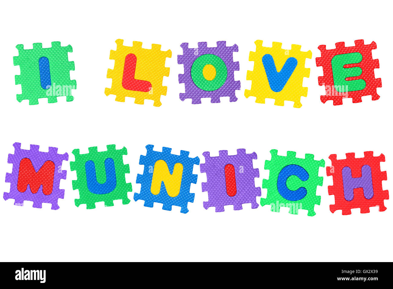 J'aime message de munichi, lettres, puzzle isolé sur fond blanc. Banque D'Images