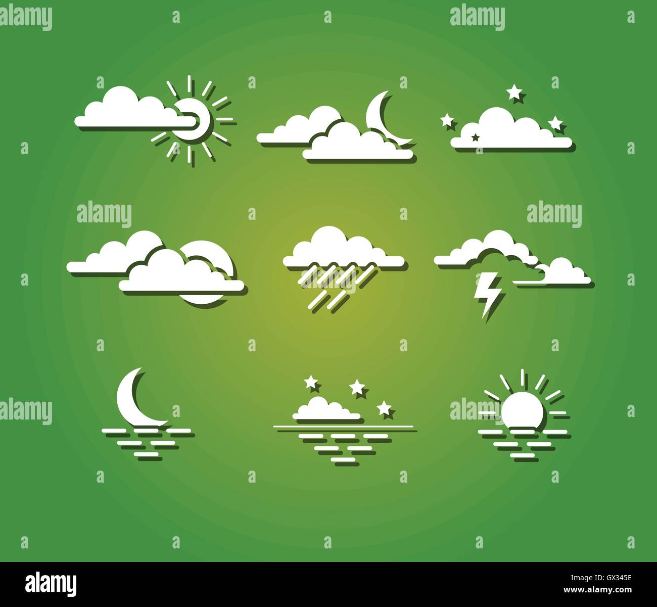 Soleil, les nuages, la foudre, la lune, les étoiles de mer et coucher du soleil Météo Icon Set vector illustration isolé Illustration de Vecteur