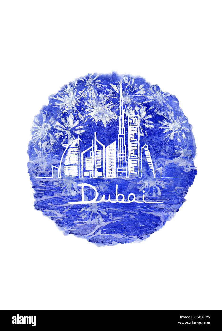 Dubaï cityscape with skyscrapers et points de repère et d'artifice dans le ciel sur le fond à l'aquarelle Banque D'Images