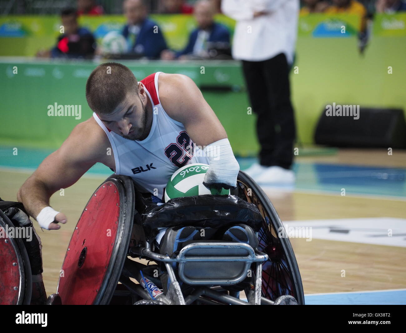 Rio de Janeiro, Brésil. 14 Septembre, 2016. Les Jeux Paralympiques de Rio 2016. Match d'ouverture de la piscine de Rugby en fauteuil roulant B entre les États-Unis et la France. Credit : PhotoAbility/Alamy Live News Banque D'Images